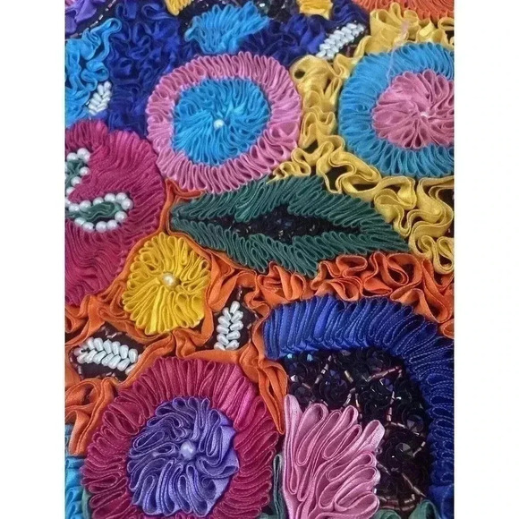 Vintage Silk Ribbon Boxy Bolero Jacket 90s Bead Embellished Flower Pearl Rainbow - Picture 14 of 14